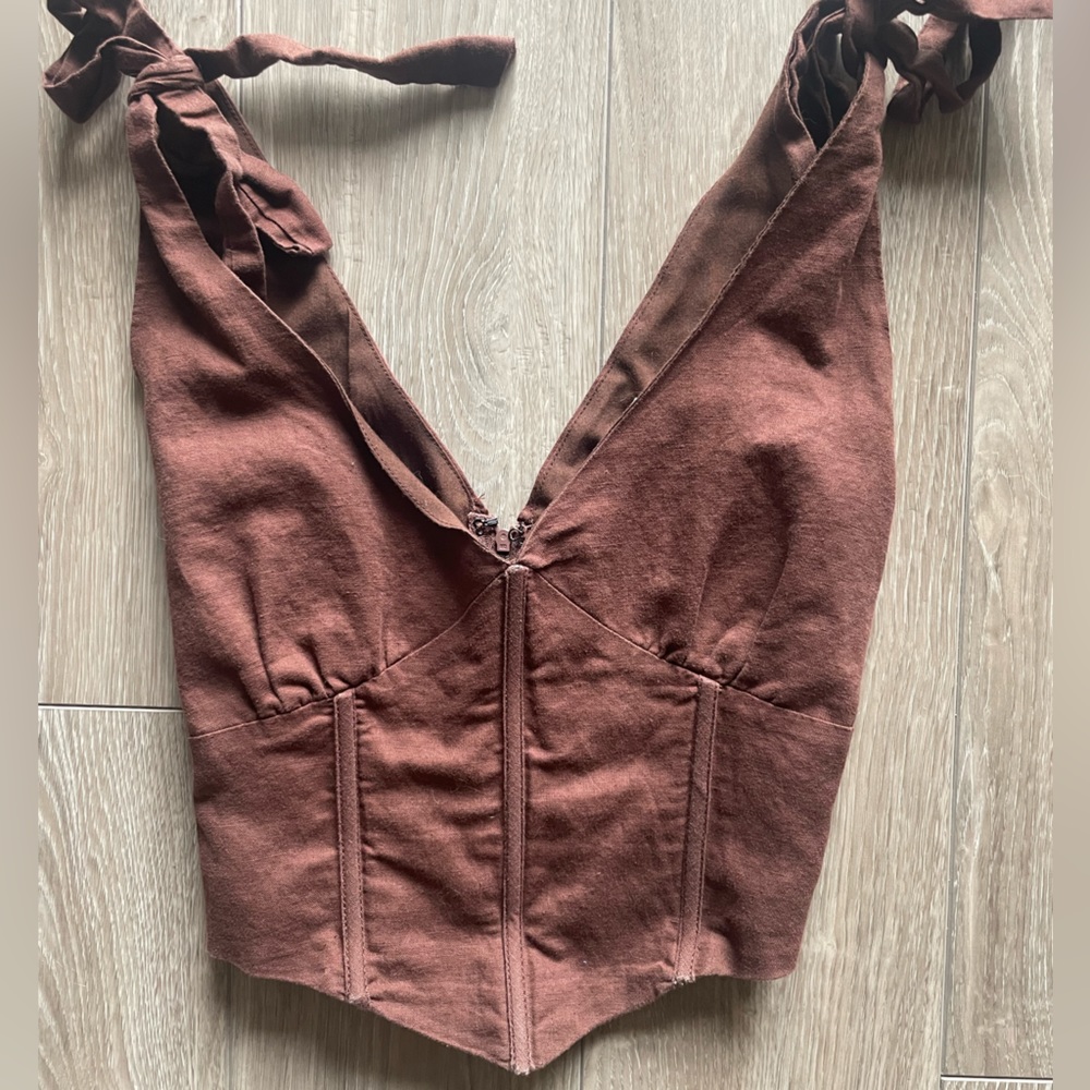Peppermayo Exclusive - Parisian Life Linen Bustier Crop - Choc Brown